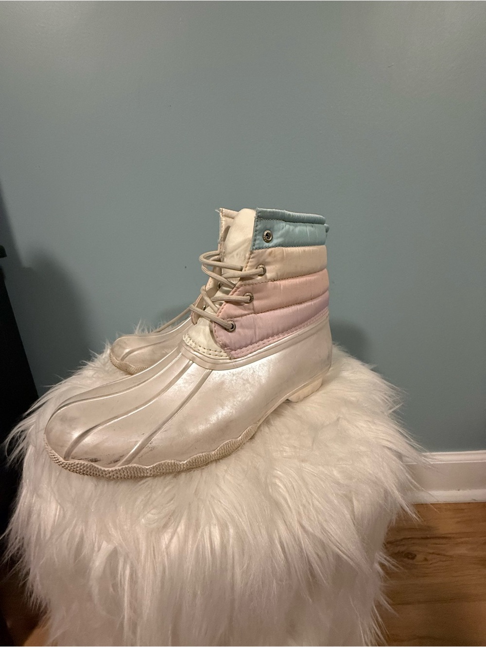 Sperry Cream Duck Boots with Pastel Blue, Pink & Mint Quilted Collar